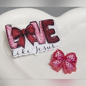 Flatback Focal Bead Acrylic Bow Love Like Jesus Religious Badge Crafts Magnet